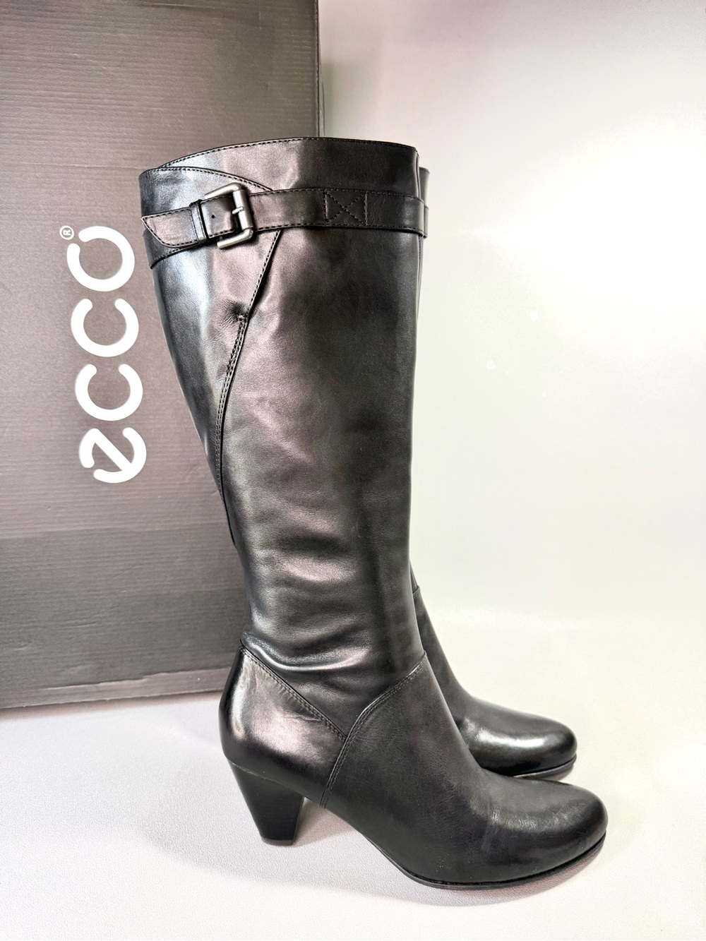 ECCO Hope Black Leather Knee-High Heeled Tall Boots